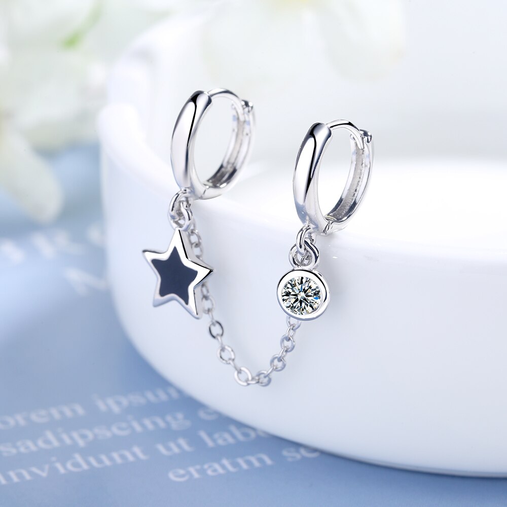 ANENJERY Silver Color Copper Double Ear Hole Hoop Earring Zircon Glaze Star Tassel Chain Earrings For Women S-E1056