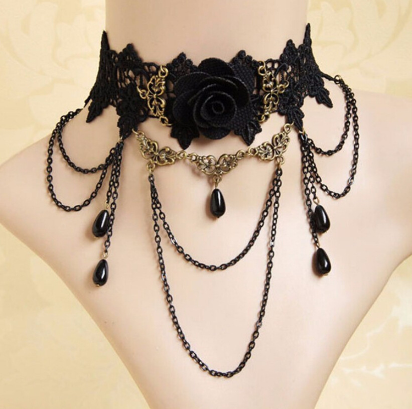 Gothic Victorian Black Lace Necklace Women Girl Boho Crystal Tassel Sexy Choker Steampunk Dark Loli Style Halloween Jewelry