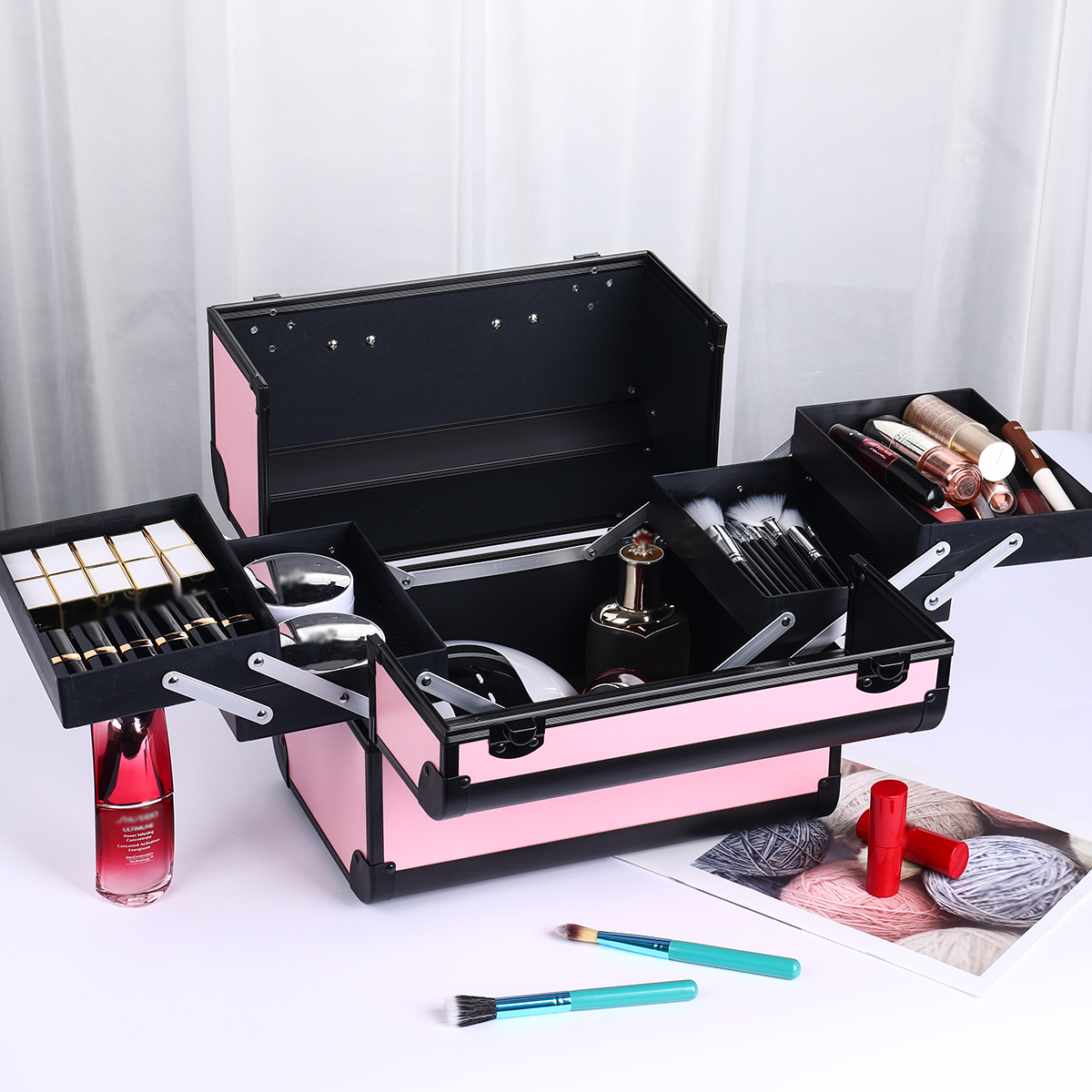 Makeup Case Cosmetic Organizer Case Extra Large 12 Inch 6 Trays Portable Makeup Organizer Case Make Up Carrying Box: SKY BLUE