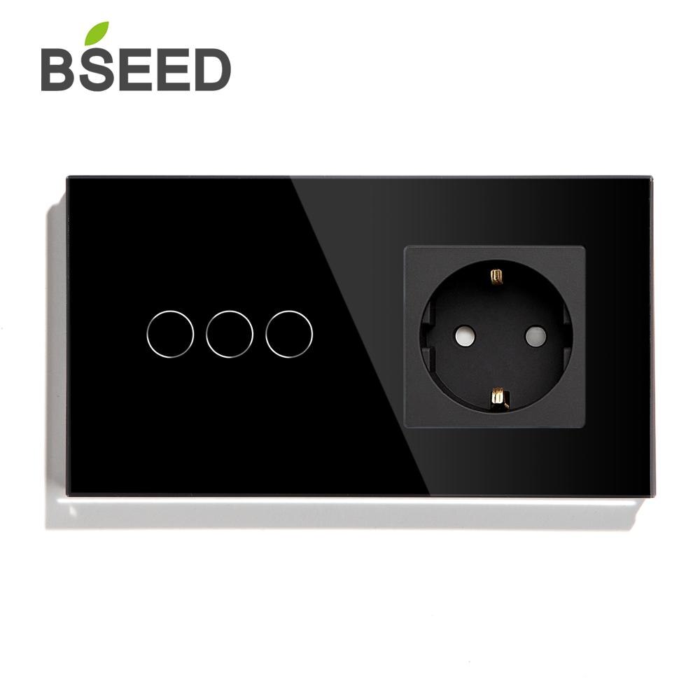Bseed eu standard touch-afbryder 3 gang 1- vejs 2- vejs vægkontakt stik 3 farver krystal glas panel touch switch hvid sort glod: Sort stikkontakt / 3 gang 2 vejs