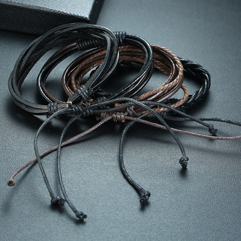 ZORCVENS 4 pieces/ Set Leather Bracelets for Men Braided Rope Wristband Vintage Style Male Bangle