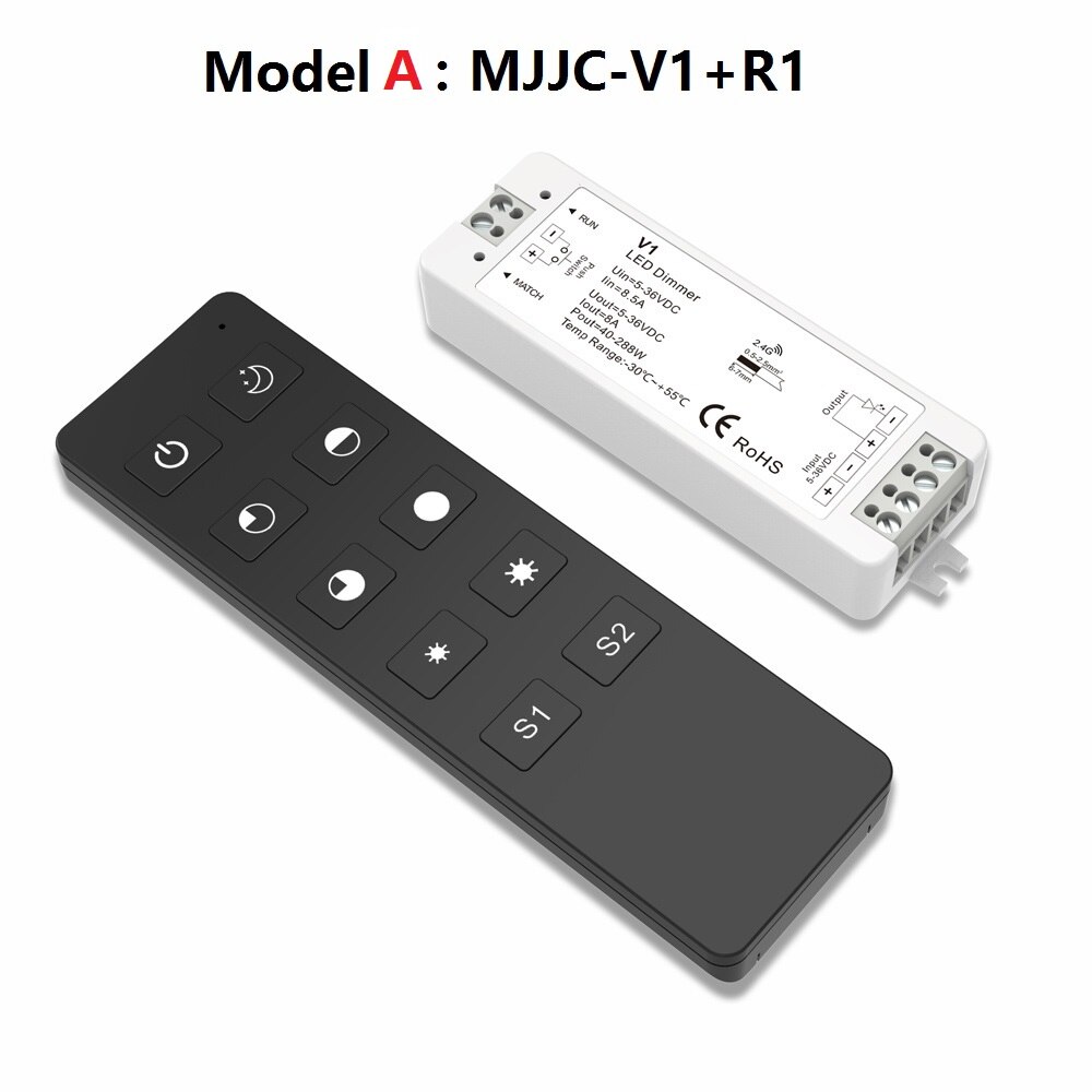 Led dimmer 12v 5v 24v 36v 8a pwm trådløs rf led strip dimmer bryter på av med 2.4g fjernkontroller for ensfarget led: Modell a