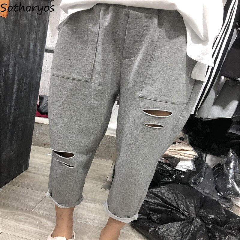 Sleep Bottoms Women Summer Ripped Holes Korean Trendy Ulzzang Cozy Elastic Waist Loose Home Outwear Casual All-match Harem Track