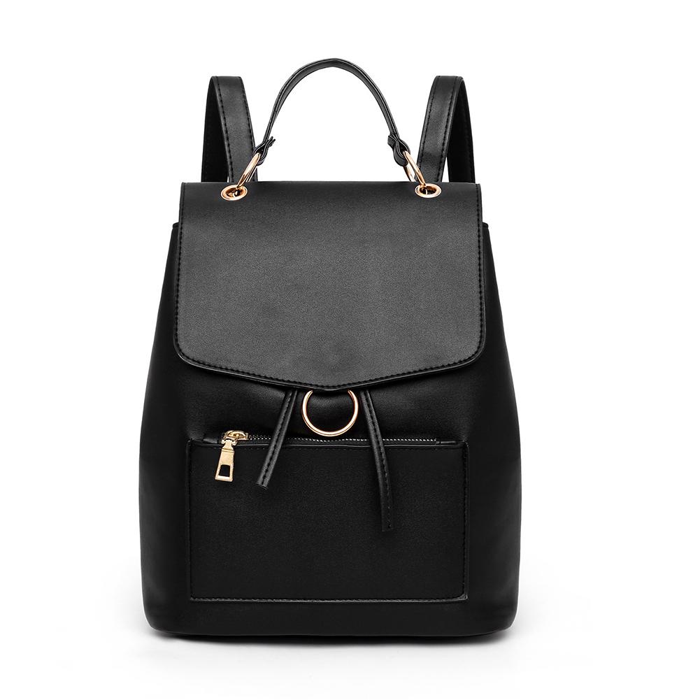 Women Travel Backpack Soft PU Leather Backpack Girls School Bags Teenager Leisure Shoulder Bag: Black