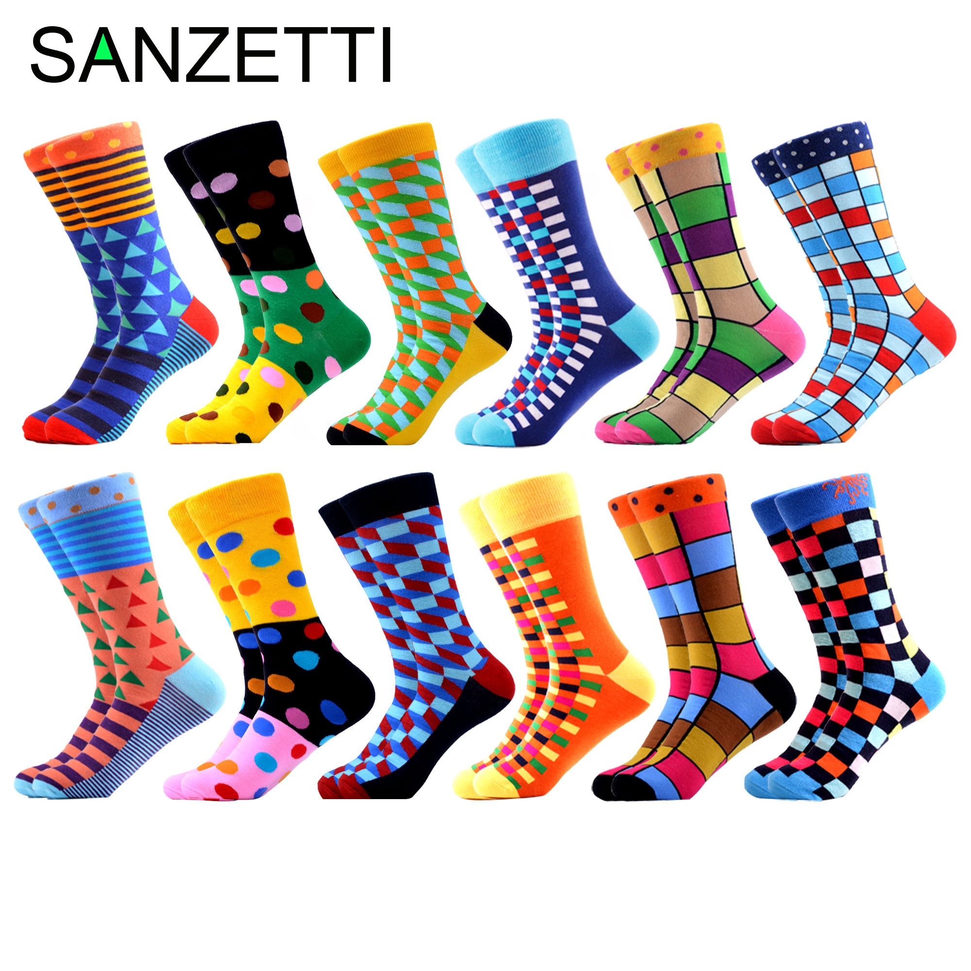 SANZETTI-chaussettes pour hommes, style Hip Hop, en coton peigné, haute couleur, nouveauté, Skateboard, motif géométrique, motif Harajuku,