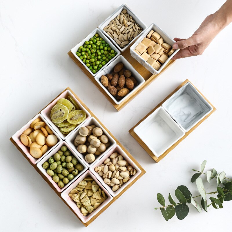 Marmor fruktfat keramik fat tallrik porslin snacks godis nötter desserter eko naturlig serverings bambu bricka set salladsskål