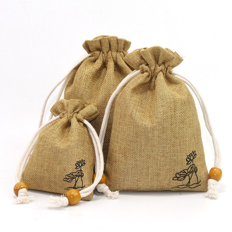 Pure Cotton Bags Packing Jewelry Drawstring bag Wedding Candy Wrappling Reusable Sachet Print Lotus Display Pack Bags: yellow hehua / 8x10cm 5PCS