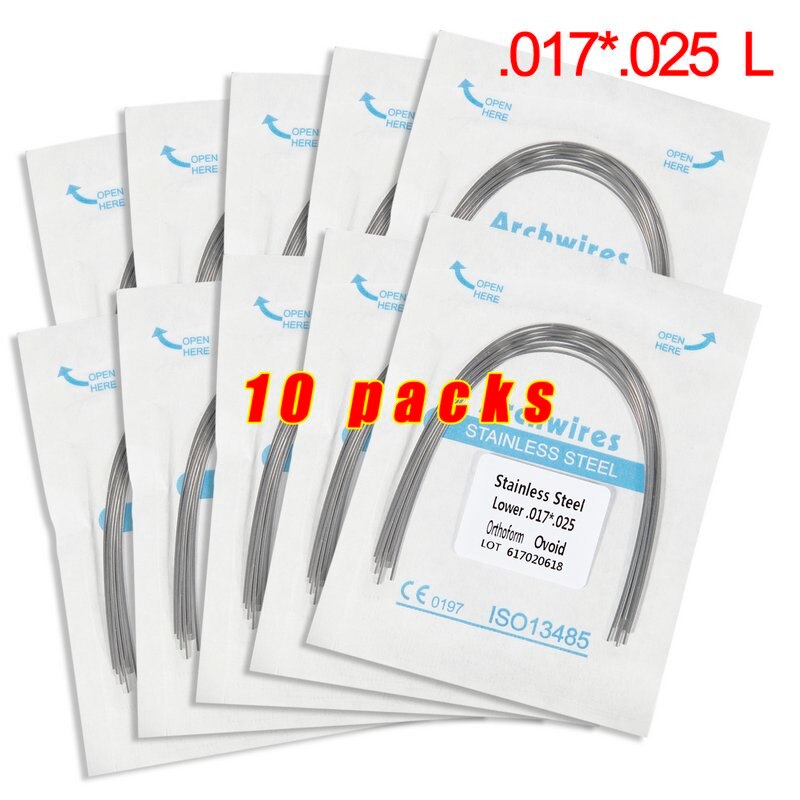 Lot de 10 arcs orthodontiques dentaires en acier inoxydable, forme rectangulaire, forme ovoïde, outil dentaire u/l, équipement dentaire: 10 pack 17 25l
