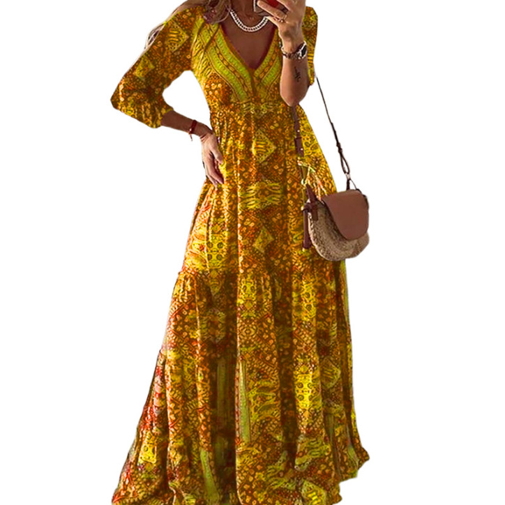 Robe longue à manches 3/4 pour femme, style bohème européen et américain, taille haute, col en V, imprimé fleuri fragmenté,: XXL / YELLOW