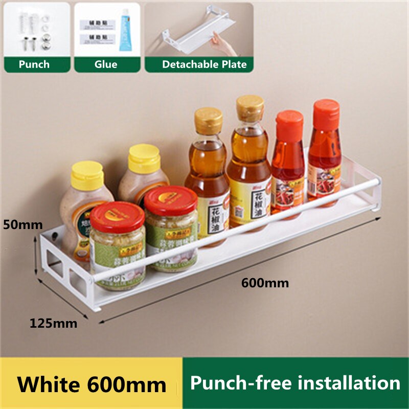 Kitchen Spice Rack Stainless Steel Spice Rack Wall-mounted Non-perforating Spice Oil Salt Sauce Vinegar Storage Rack: White 600mm