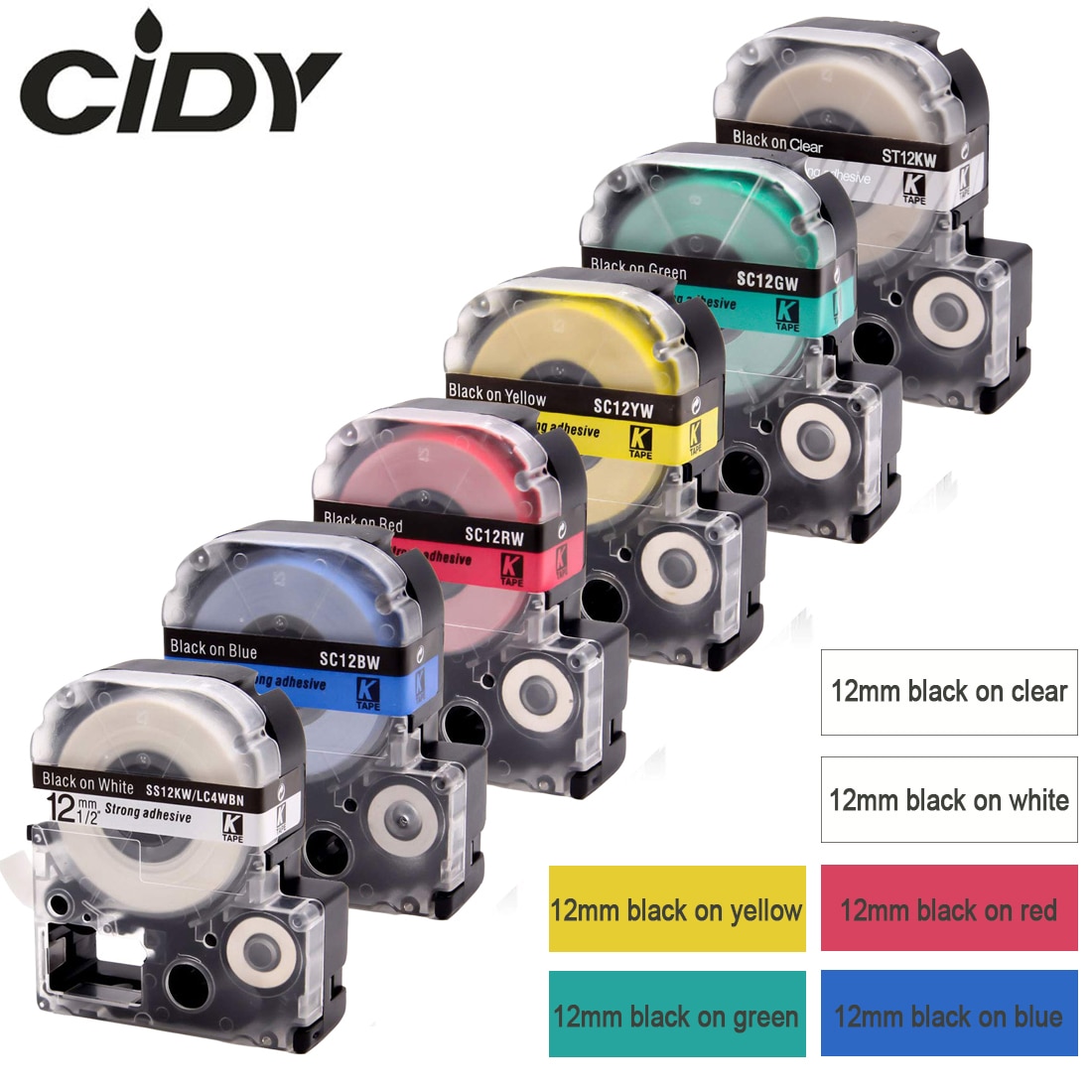 Cidy 6 Stuks 12 Mm ST12KW SS12KW SC12GW SC12YW SC12BW SC12RW Gelamineerde Tape Voor Kingjim/Epson Label Maker LW300 LW400 SR150 LW-600P