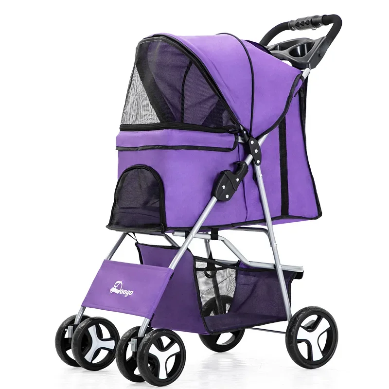 DTC-804 Portable Foldable Pet Cart Cat Dog Four Wheeled Cart Pet Outing Cart Single Handed with Sunroof: PURPLE