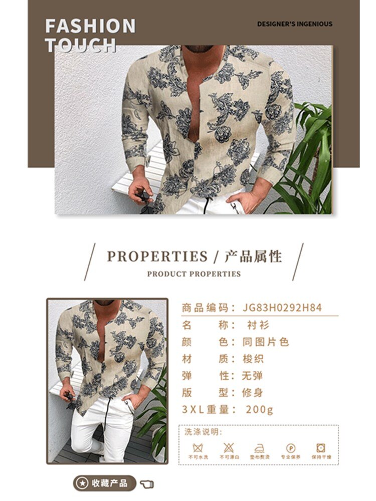 2021Spring And Autumn Mens Cotton Linen Shirt Casua Blouse Loose Tops Hawaiian Print Beach Single Breasted Men Long Sleeve Shirt