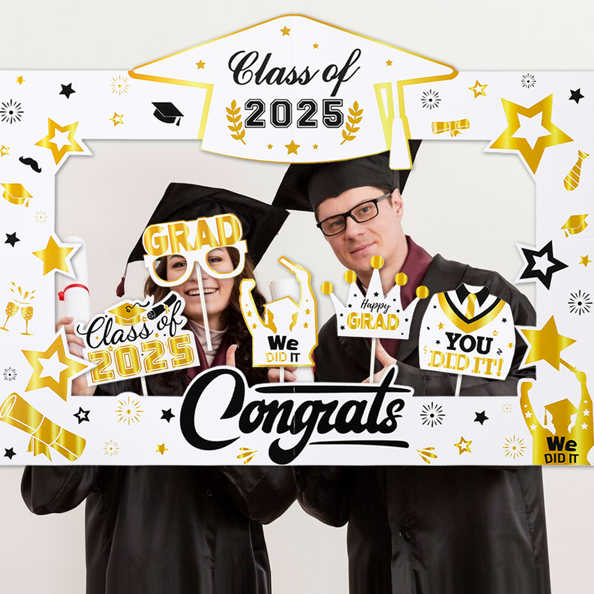 Bannière de cadre d'accessoire de photomaton de remise des diplômes, arrière-plan de prise de vue photo, décor de fournitures d'accessoires, classe de 2025, fête des diplômés, 2025