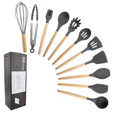 11 st silikon köksredskap set, rosa massivt trä handtag med förvaringslåda, köksutrustning kit köksredskap tillbehör: 11pc grå b