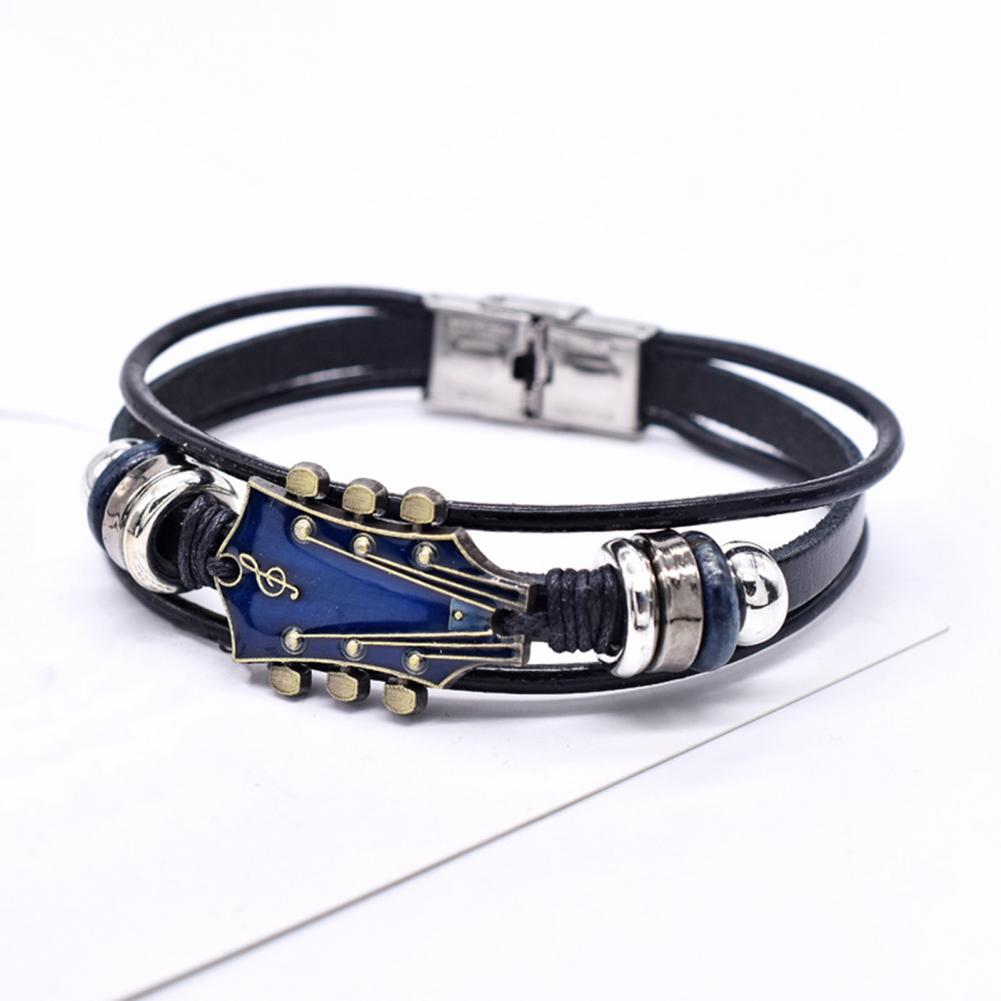 Braided Guitar Bracelet Faux Leather Zinc Alloy Adjustable Buckle Manual Woven 3-layered Retro Punk Wrist Jewelry