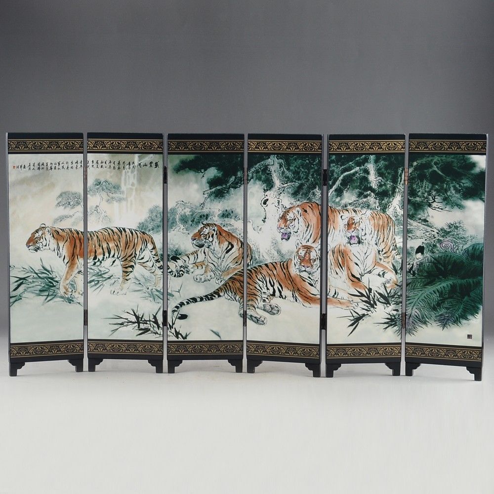 Décoration pour écran à SIX plis | Tigre de bénédiction, en laque chinoise, vieux travail manuel peint