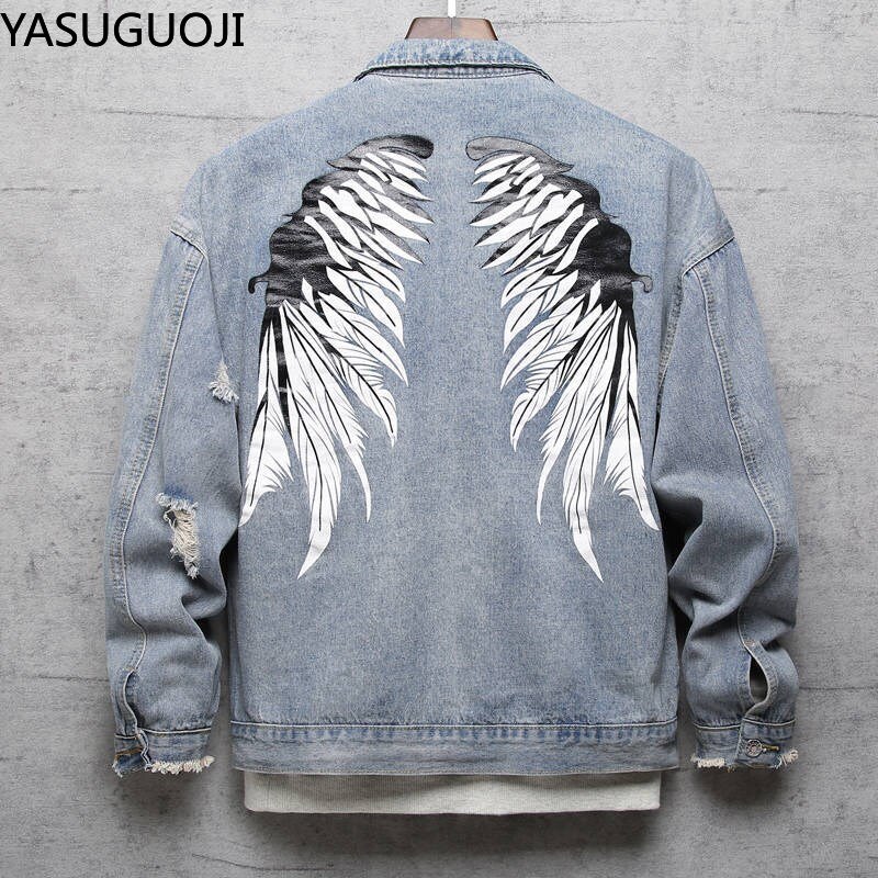 Yasuguji-chaqueta vaquera con estampado de alas para hombre, abrigo vaquero con agujeros rasgados, color azul claro, nueva prenda lavada,