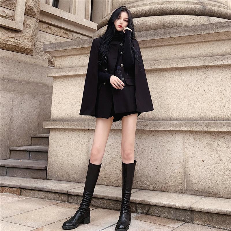 Manteau de cape noir pour femme, en laine, mi-long, col montant, ample, hiver