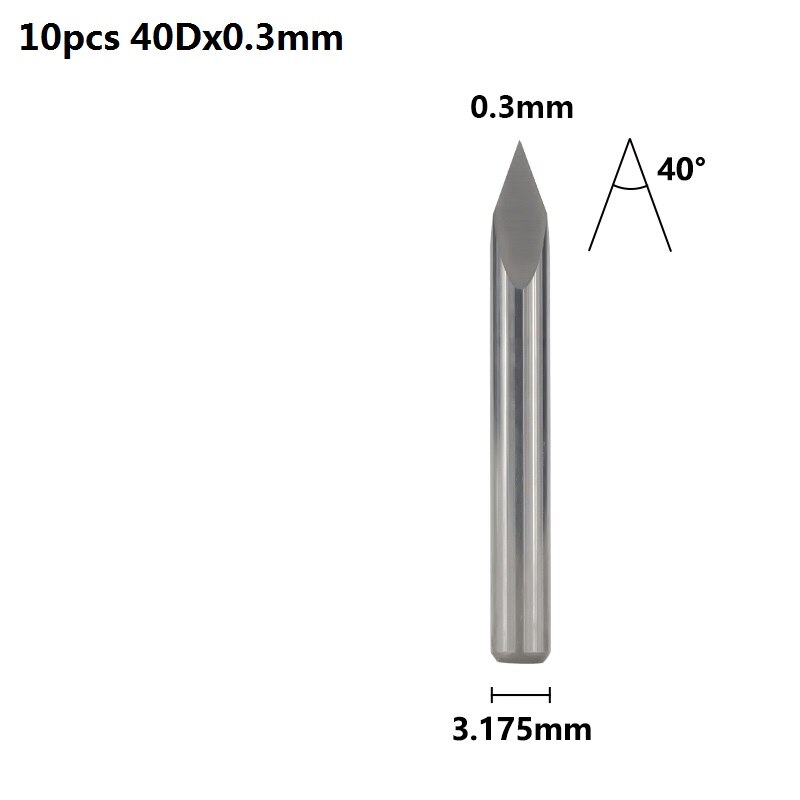 Xcan 3 Rand Piramide Graveren Bits 10 Stuks 20/30/40/45/60/90 Graden Tip 0.1-0.3Mm 3.175Mm Shank Cnc 3D Frees: 10pcs 40Dx0.3mm