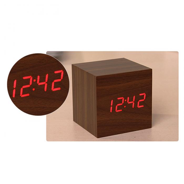 Square Desktop Table Digital Thermometer Clock Cube LED Wood Alarm Clock Sound Control