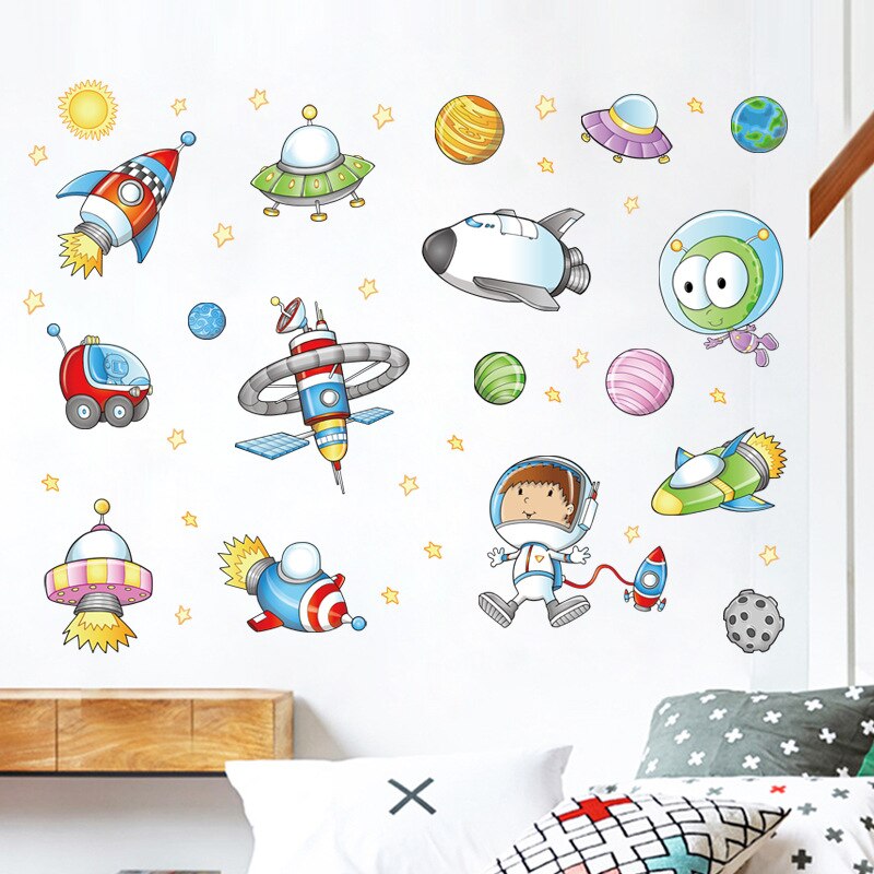 Cartoon Space ship Alien Wall Stickers Kids room Bedroom Nursery Wall Decals Removable Art Murals PVC Wallpaper Home Decor dc23
