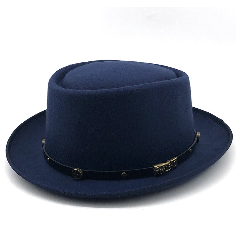 Einfache Wolle Männer Schweinefleisch Kuchen Hütte Für Vati Schwarz Fedora Hütte Für Gentleman Flache Bowler Porkpie oben Jazz Hütte: Marine