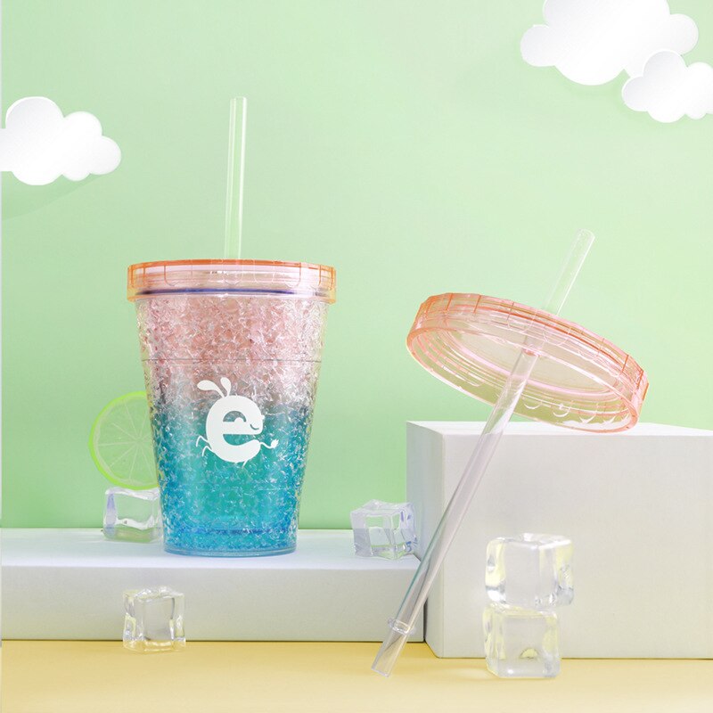 400ml Travel Mug With Straw Reusable Smoothie Plastic Iced Tumbler Double-walled Ice Cold Drink Coffee Juice Tea Cup