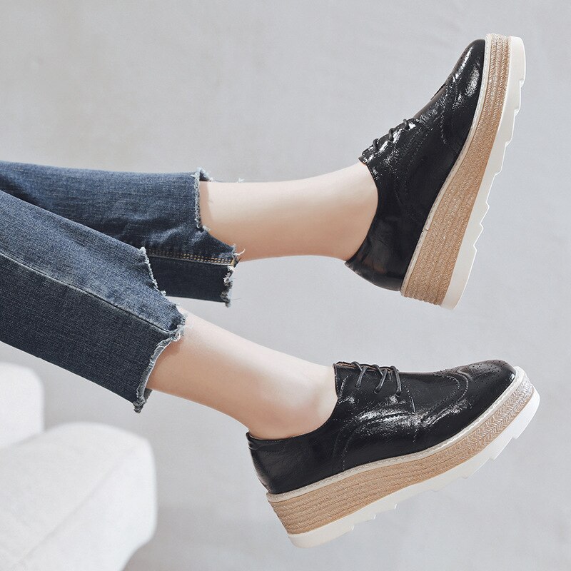 hollow out full brogues women gold/silver bright leather platform shoes square toe oxford flats women creepers espadrilles: black / 6