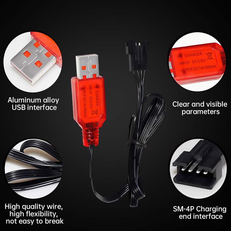 1 pièces 7.4V 500mA SM-4P prise chargeur USB pour DE36W DE65 HM202 EC08 EC16 RC voiture, M416 électrique Gel boule Blaster chargeur de batterie