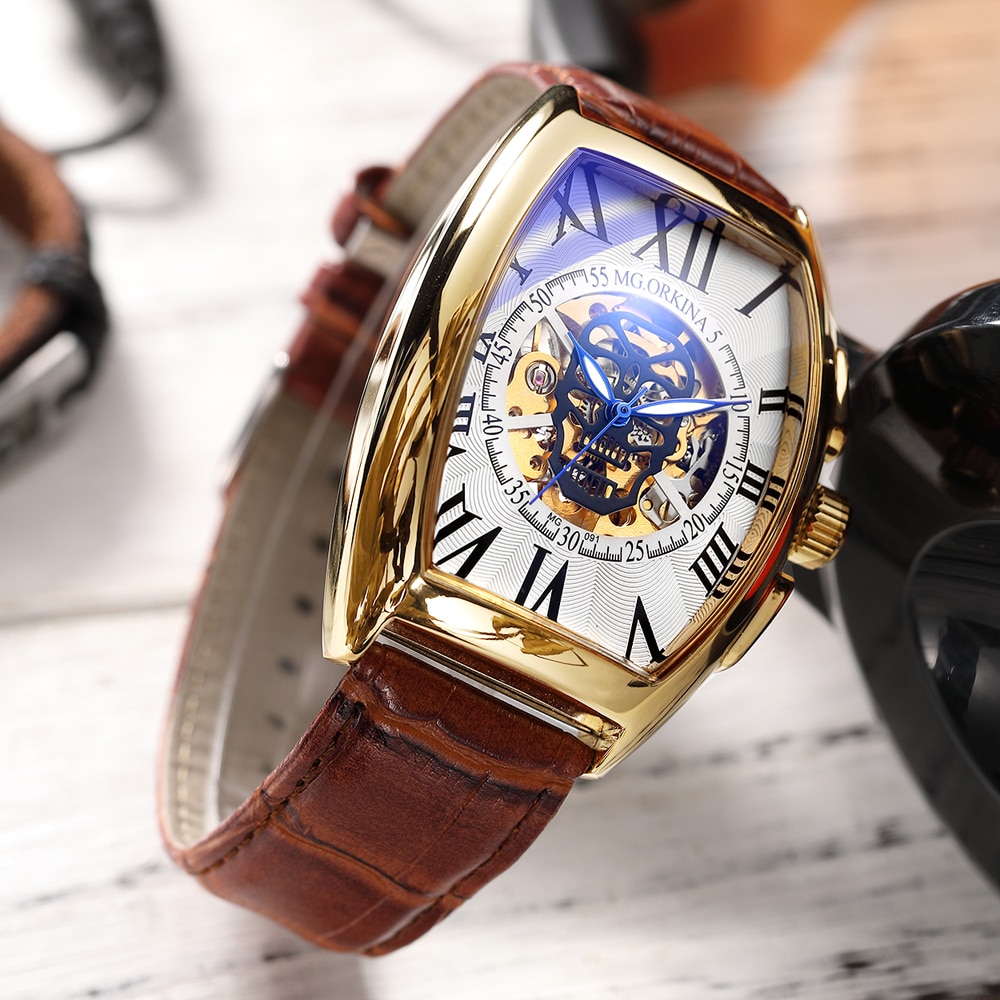 ORKINA Transparent Gold Case Skull Steampunk Skeleton Automatic Mechanical Watches Mens Clock Tonneau Watches