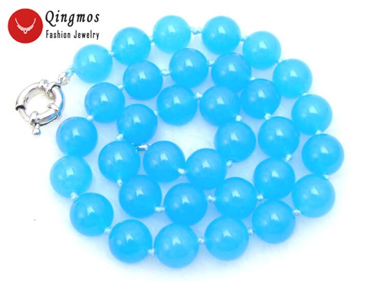 Qingmos 12mm Runde Natürliche Himmel Blau Jade Halskette für Frauen mit Echtem Stein Halskette Colliers 18 &quot;Schmuck nec5301