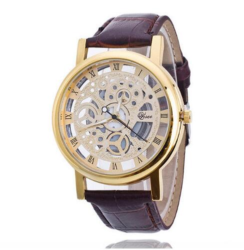 TIke Toker, Business Skeleton Horloge Mannen Gravure Holle Reloj Hombre Jurk Quartz Horloge Lederen Band Vrouwen Klok Relojes: Gold with Brown