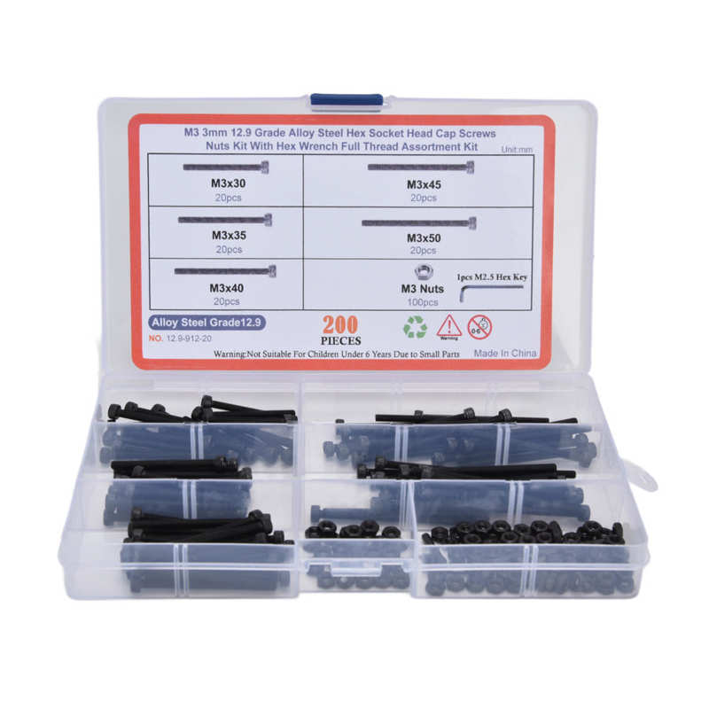 200Pcs Hex Nut Bolt Assortment Kit Hex Socket Head Cap Screws Assortment Set with Wrenches for Industry Cylinder Head Bolt Set: Carbon Steel