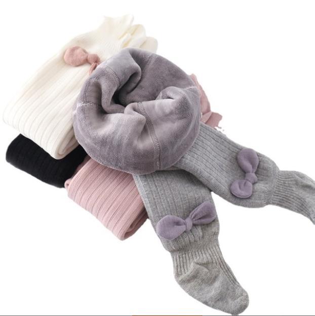 Criança do bebê meninas meia algodão velo-forrado engrossado arco dos desenhos animados decoração meia-calça inverno toddlers collants quentes leggings