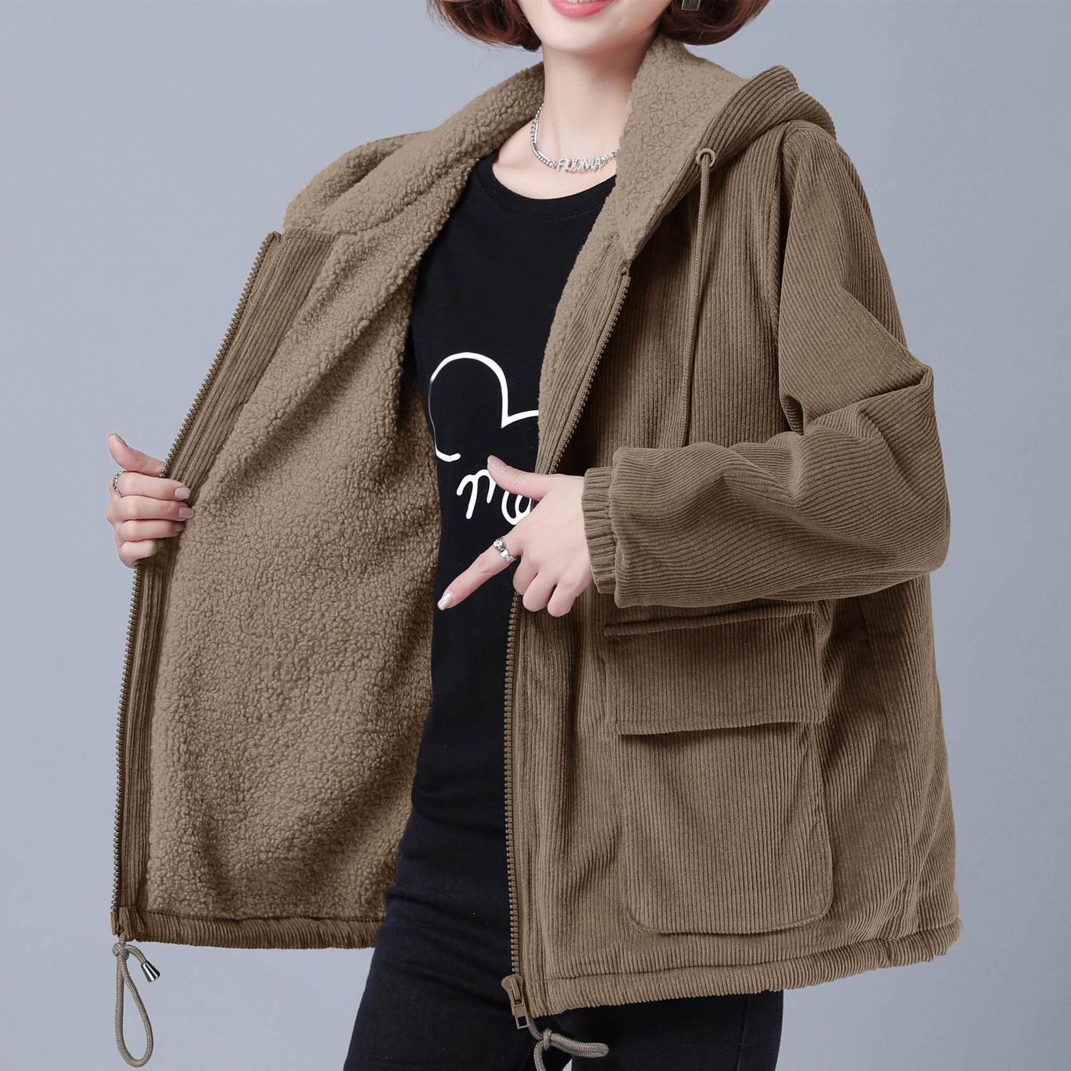 Comfy Large Corduroy Hooded Street Jacket main image 0