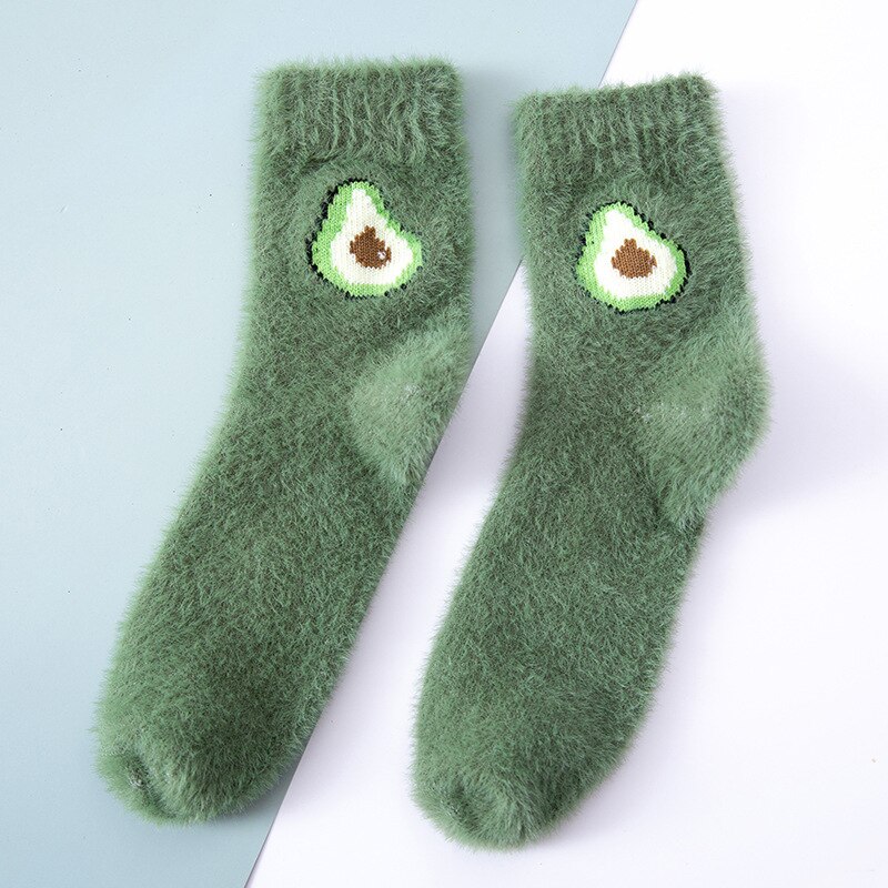 Frukt avokado godis varm dam söt vinter kawaii tjock casual dam strumpor luddiga fluffiga frotté varma strumpor korta söta bomullsstrumpor: Grön avokado