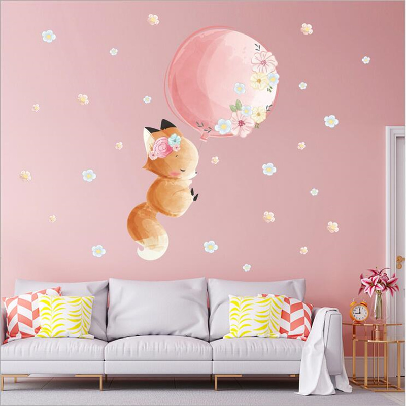 1 pz cartone animato rosa volpe palloncino fiori stelle adesivi murali per ragazze telecamera da letto per bambini vinile arte murale adesivi murali fai da te 30*60CM