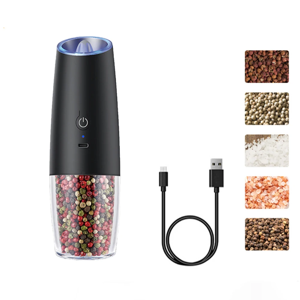 1/2Pcs Electric Pepper Grinder Salt And Pepper Grinder USB Rechargeable Adjustable Coarseness Spice Mill LED Light And bracket: Light Grey
