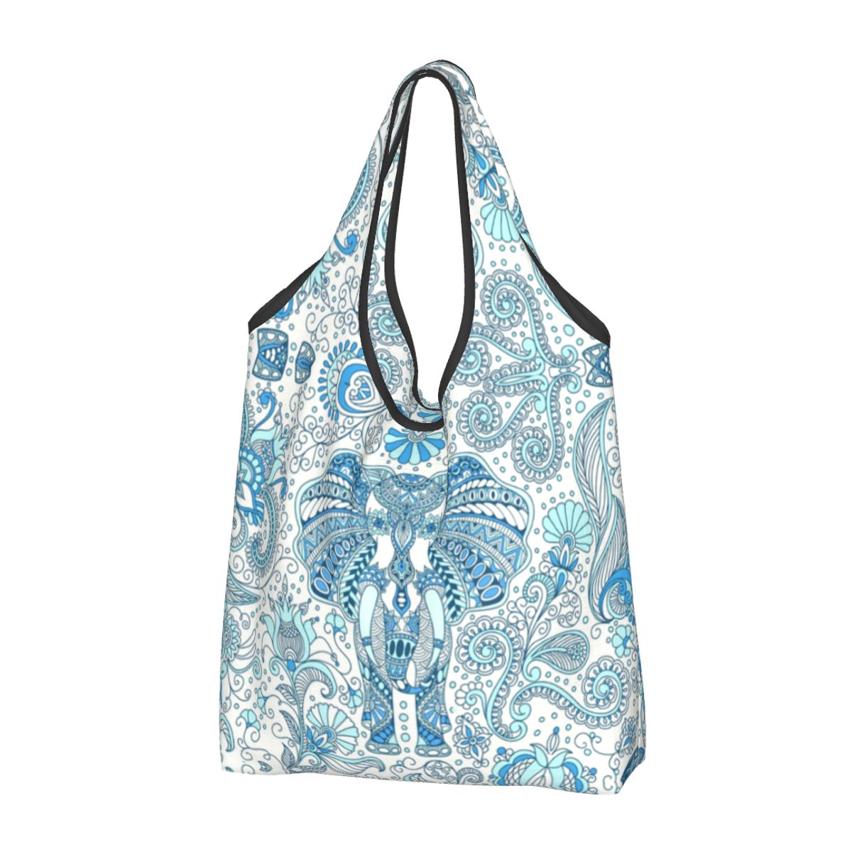 Op maat gemaakte, gerecyclede boodschappentas met olifantenmandala uit het paradijs, dames draagtas, draagbare boodschappentas met dierenmotief.: Marineblauw