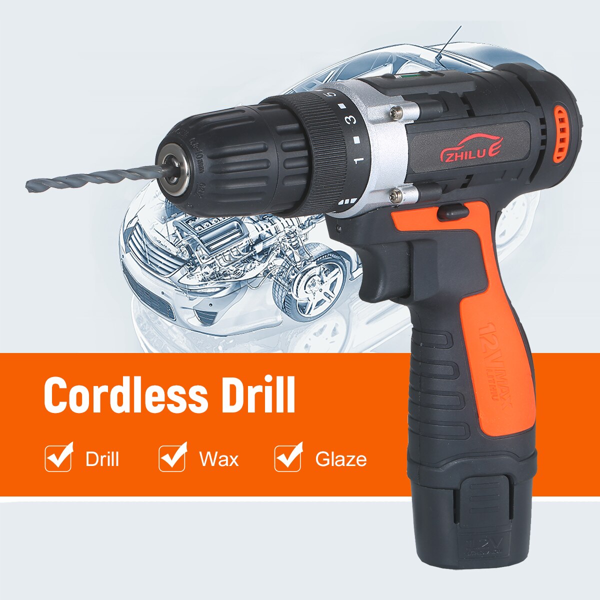12V Cordless Drill/Driver Kit 1400rpm Variable Speed Polisher Car Buffer Waxer Set Screwdriver with 5 Bits&1 Wool Polishing Pad