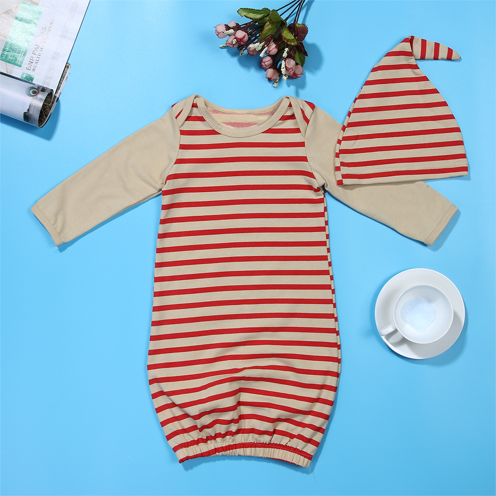 Nyfødt spædbarn baby pige kjole indpakning pyjamas nattøj kommer hjem outfitstoddlers 2 stk sæt rødstribede natkjoler + hat: 100-12m