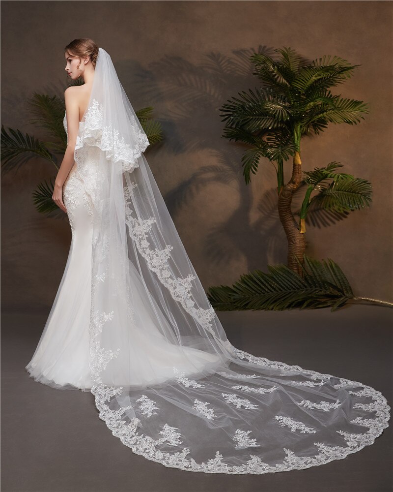 Layer 2 Lace Edge 3M Kathedraal Bruiloft Sluier Met Kam Voor Bruid Bridal Veils Accessoires Voorhang Velos De Novia