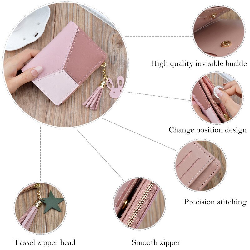 Cartera con cremallera a la para mujer, cartera con borla empalmada, versátil, de cuero PU, tarjetero, billetera encantadora pequeña informal para mujer