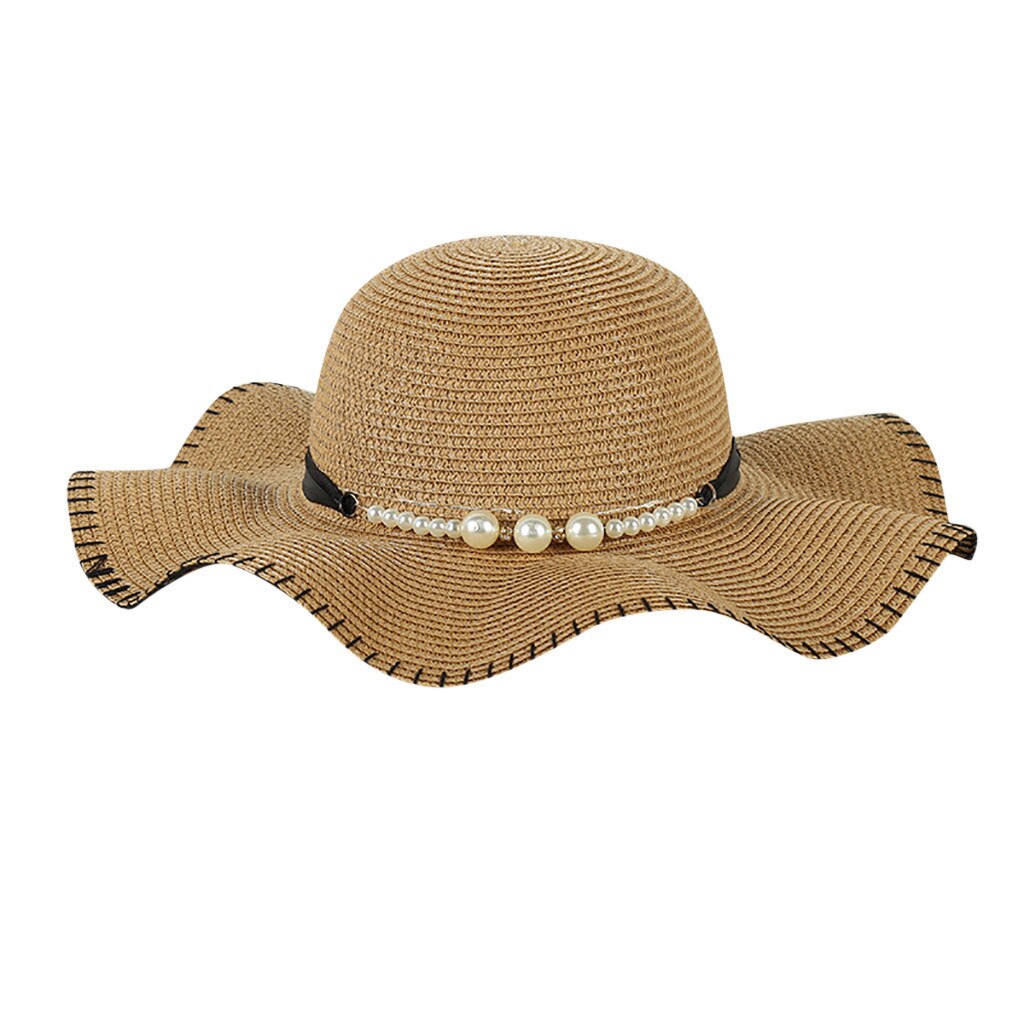 Mode Zomer Cap Voor Vrouwen Grote Brede Rand Strooien Hoed Parel Decoratie Strand Zon Opvouwbare Cap: KH