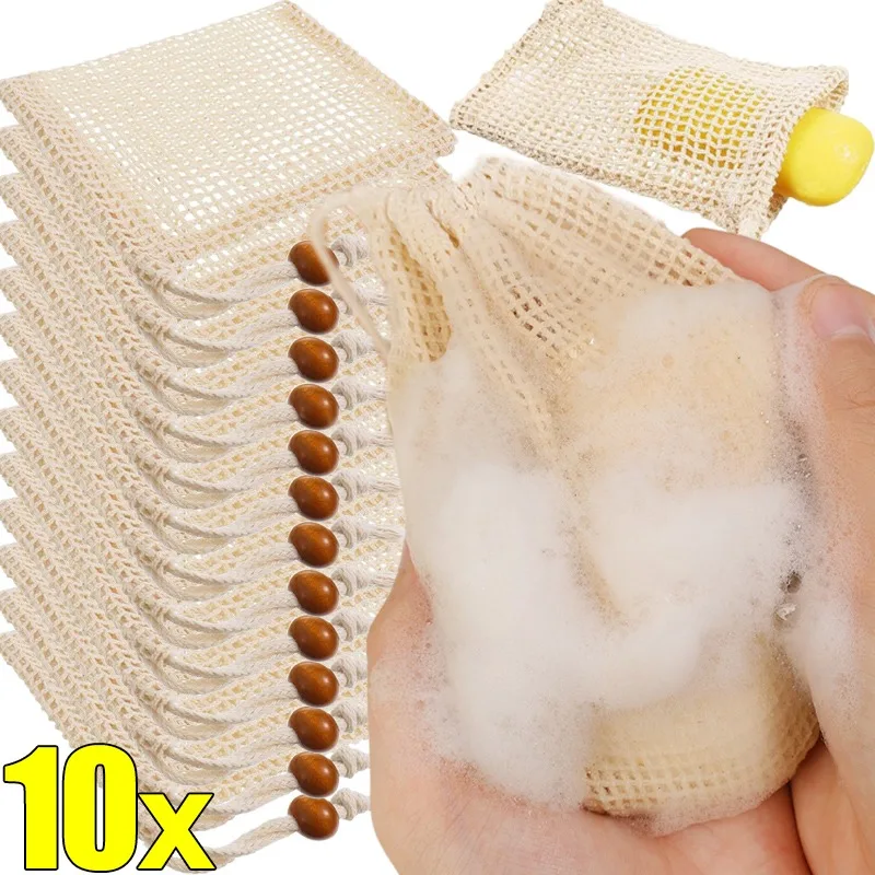 Bolsas de jabón colgantes de lino y algodón Natural, bolsa de red para jabón espumoso, bolsas de red limpiadora de jabón corporal, Herramientas de limpieza de ducha para el hogar, 1/10 Uds.