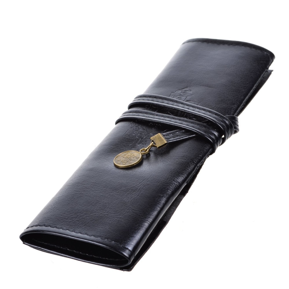 Vintage pu leren oprolbare etui, etui, pennenzak (zwart)