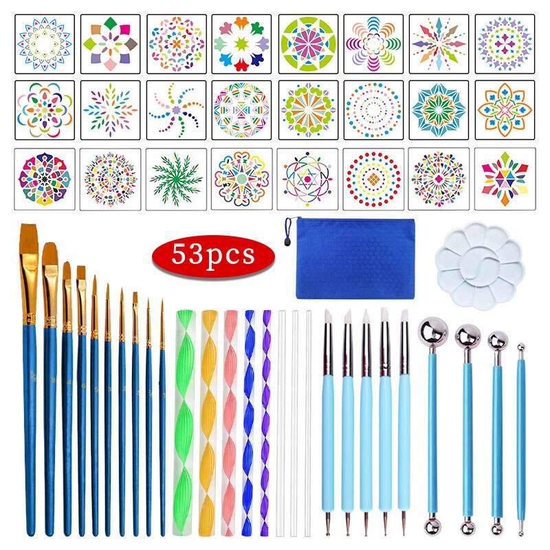 Diy Steen Mandala Puntjes Gereedschap Voor Schilderen Rock Steen Pen Embossing Starter Tekening Stencil Template Borstel Lade Kit: 53pcs