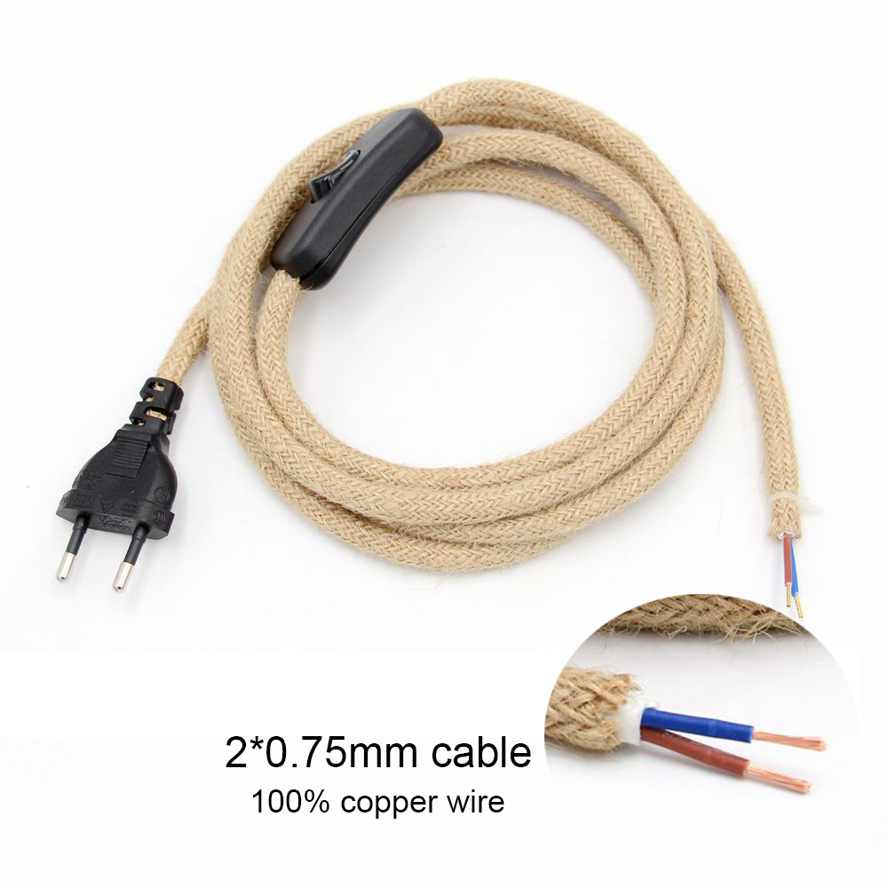 Genixgreen DIY Cable trenzado Base de lámpara cuerda Cable eléctrico 2 núcleos 2M 3M E27 enchufe de la UE enchufe de plástico Vintage ON OFF Cable de interruptor: Castaño / 2G11