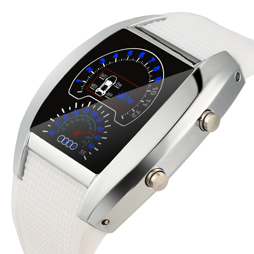 ! Reloj LED para hombre, a la reloj Digital, luz Flash Turbo, velocímetro deportivo para coche, medidor de Dial, reloj para correr: White 